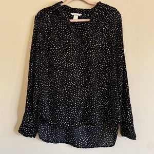 H&M Long Sleeve Button Up Top Black Polka Dot M